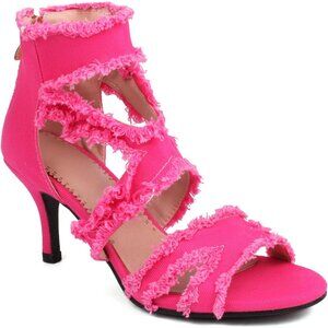 Women’s Pink Open Toe Denim High Heel Sandals Ankle Strap Stiletto Fashion Shoes